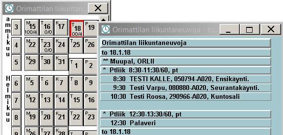 Kuukauden vaihdot näkyvät rivillä eritasoisina. Päiväpainikkeissa on viikonpäivien alkukirjaimet vasemmassa ylänurkassa. Arkipäivien numerot ovat mustalla. Sunnuntait ja arkipyhät näkyvät punaisella.