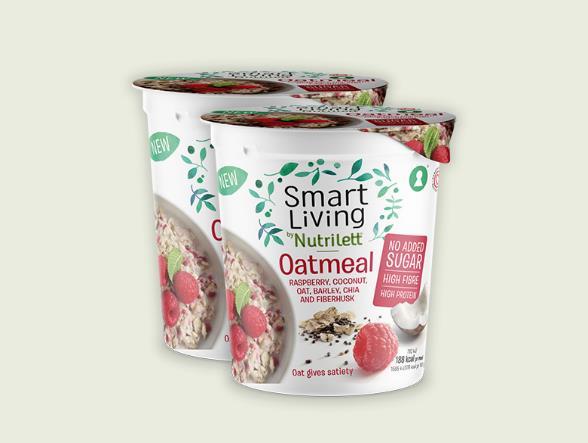 Nutrilett Smart Living Oatmeal Raspberry&Coconut Oatmeal Raspberry & Coconut Ainesosat: Kaurahiutaleet (55%), chiansiemenet (10%), maitoproteiinitiiviste, ohrahiutaleet (9%), pakastekuivatut