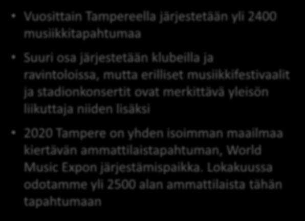 Music city Kuva: Kari Savolainen / Visit Tampere Vuosittain Tampereella järjestetään yli 2400 musiikkitapahtumaa