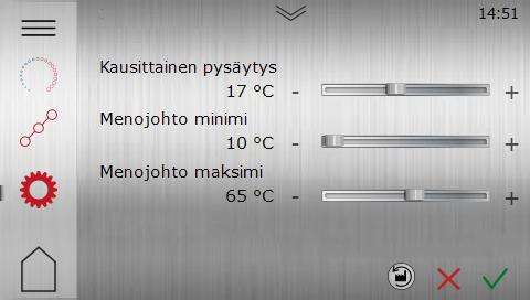 Lämpökäyrän siirtäminen yhtenä yksikkönä Kun käyrän ilmaisin 40 palaa, käyrää siirretään yhtenä yksikkönä ja käyrän jyrkkyyttä säädetään.