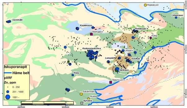 GEOLOGIAN TUTKIMUSKESKUS Raportti 60/2017 12 Kuva 13. Hämeen vyöhykkeen moreenin sinkkianomaliat (Zn>150 ppm).