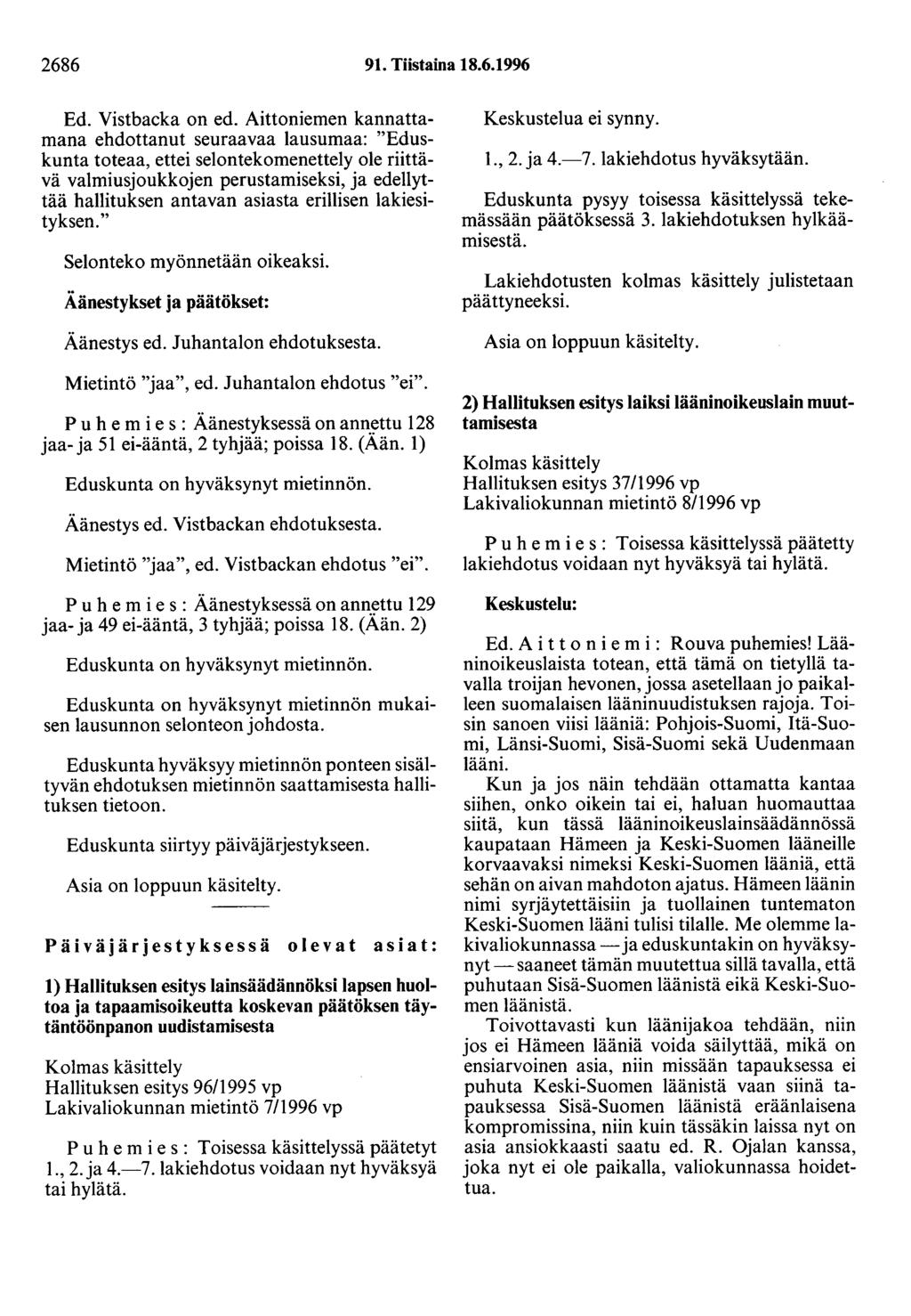 2686 91. Tiistaina 18.6.1996 Ed. Vistbacka on ed.