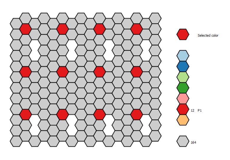 Supplementary Figure 1 20-nm DNA origami grid structure. Each hexagon represents a single staple, colored hexagons indicate a single staple extension at the 3 -end for DNA-PAINT probing.