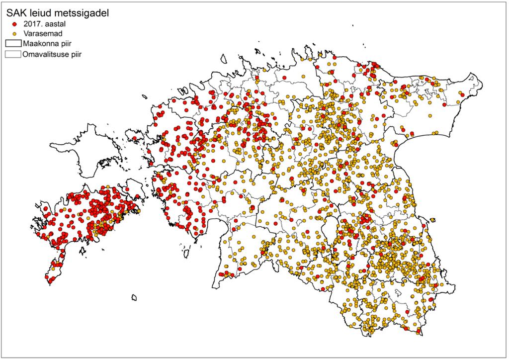 Kuva 5. Viron ASF-tapaukset villisioissa vuosilta 2014 2017. Punaisella merkityt pisteet ovat tapauksia vuodelta 2017 ja keltaiset aikaisemmilta vuosilta.