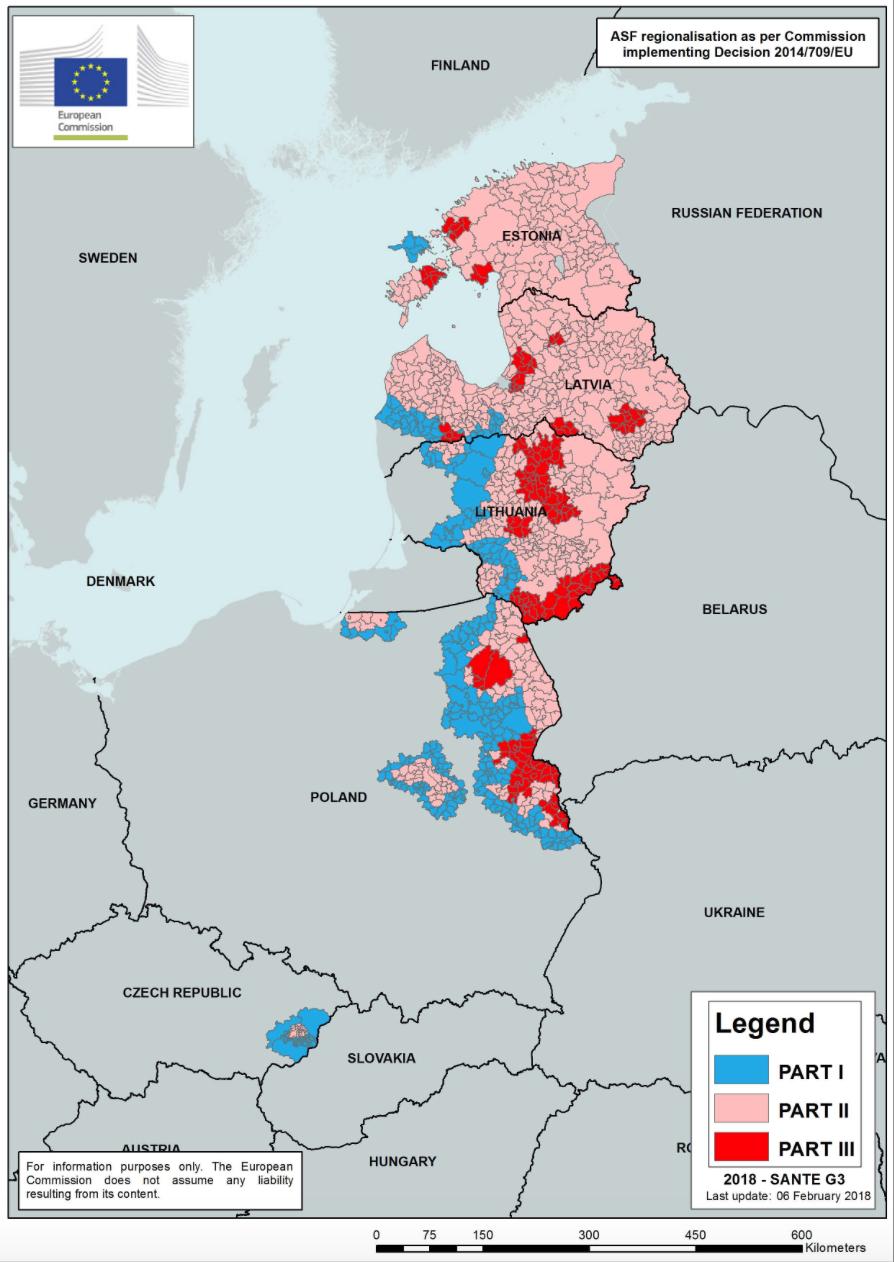 Kuva 6. Komission täytäntöönpanopäätöksen (EU) 2018/169 mukaiset alueet Baltian maissa, Puolassa ja Tšekissä.
