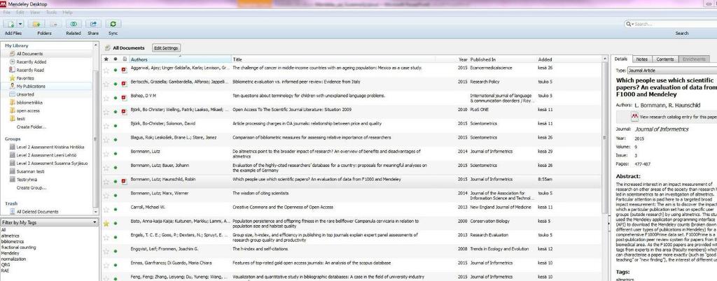Mendeley Desktop Vasemmalla on yleiskuva kirjastosta, jonne voit luoda kansiorakenteen. Näet siellä myös ryhmäsi.