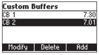 Mukautettu kalibrointiliuos Korosta "Custom Buffers". Avaa asetus painamalla Modify-toimintonäppäintä. Paina Delete-toimintonäppäintä poistaaksesi korostetun liuoksen.