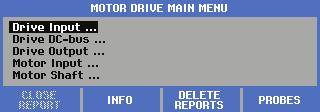 MDA-550/MDA-510 Käyttöohje Valikoissa siirtyminen ja käyttöliittymä Avaa Motor Drive Main Menu (Moottorikäytön päävalikko) MOTOR DRIVE painamalla ANALYZER -painiketta.