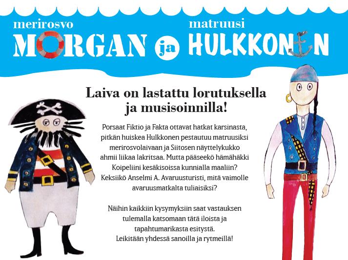 Sivu 13 ke 11.9. aamupäivällä Merirosvo Morgan Saarenkartanossa (vapaa pääsy, mukana päiväkoti ja koulu) ke 18.9. tunnin tuolijumppa ke 25.9. tunnin tuolijumppa ke 2.10. tunnin tuolijumppa ke 9.10. tunnin tuolijumppa pe 11.