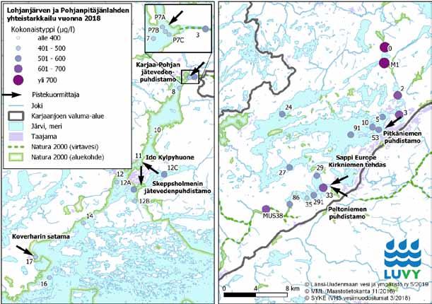 4.1.1 Ravinnepitoisuudet yhteistarkkailualueella Molemmilla yhteistarkkailualueilla keskimääräiset (touko-syyskuu) pintaveden typpipitoisuudet olivat monin paikoin vuonna 2018 samalla tasolla tai