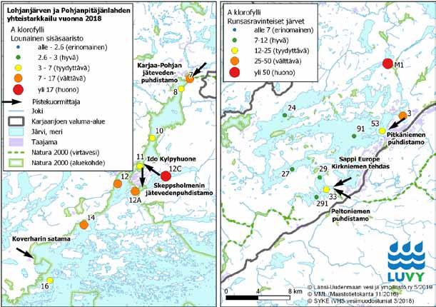 Kuva 19. Klorofylli a:n keskimääräiset pitoisuudet kesä-syyskuussa 2018.