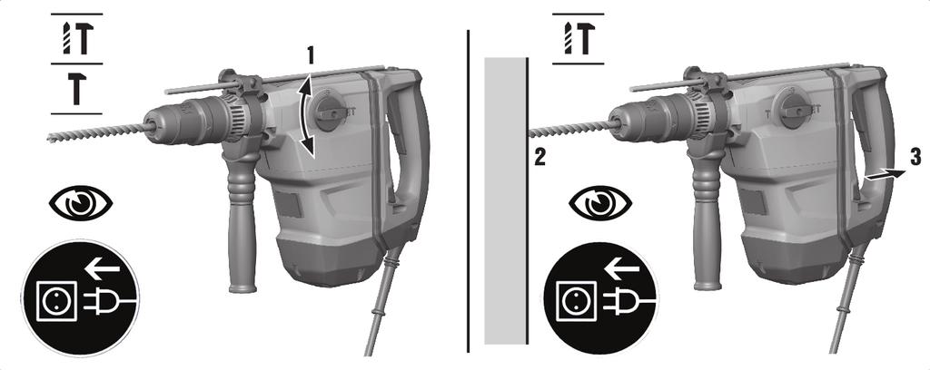 5.2.1 Poraaminen iskulla (iskuporaus) 1. Aseta toimintatapavalitsin tämän symbolin kohdalle:. 2. Säädä haluamasi teho. 3. Aseta poranterä alustaa vasten. 4. Paina käyttökytkintä. Tuote käynnistyy. 5.