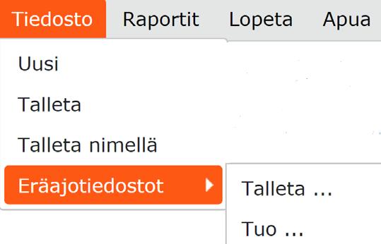 . Komentovalikko: Tiedosto - Valinnalla Uusi () tyhjennetään käsiteltävänä olevan suunnitelman tiedot (jos aiempaa suunnitelmaa ei ole tallennettu, Tarva huomauttaa siitä) - Valinnalla Talleta ()