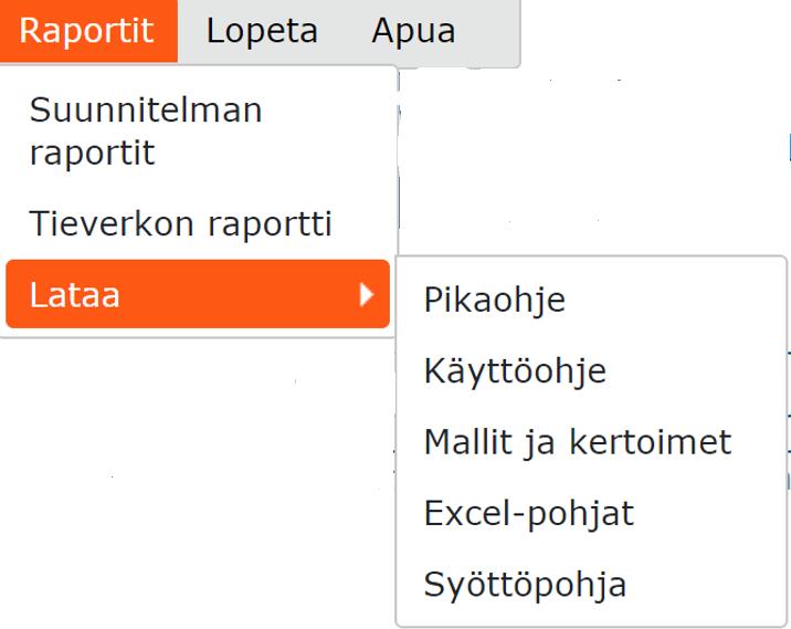 . Komentovalikko: Raportit - Valinnalla Suunnitelman raportti () luodaan suunnitelmasta haluttu raportti, katso sivu - Valinnalla Tieverkon raportti () luodaan suunnitelmasta haluttu tieverkon