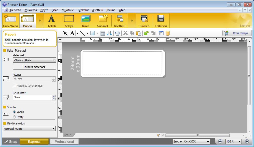 P-touch Editorin käyttäminen Tulostaminen P-touch Editorin avulla 3 Express-tila Tässä tilassa voit nopeasti luoda asetteluja, jotka sisältävät tekstiä ja kuvia.