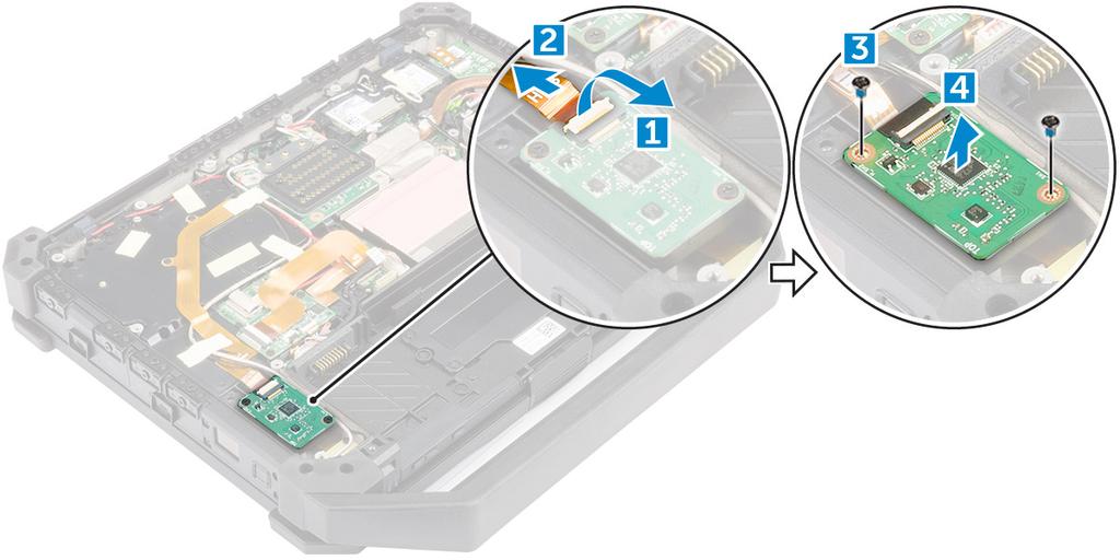 MEMS-kortin asentaminen 1. Aseta MEMS-kortti paikoilleen. 2. Kiristä ruuvit, jotka kiinnittävät MEMS-kortin. 3. Kytke kaapeli MEMS-korttiin. 4. Asenna seuraavat: a. rungon suojus b. akku 5.