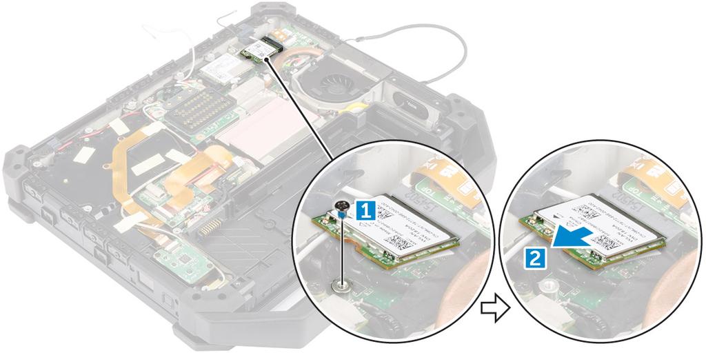 WLAN-kortin asentaminen 1. Aseta WLAN-kortti paikalleen. 2. Kiristä WLAN-kortin kiinnitysruuvi. 3. Kytke antennikaapelit WLAN-korttiin. 4. Asenna seuraavat: a. antennin reititystuki b.