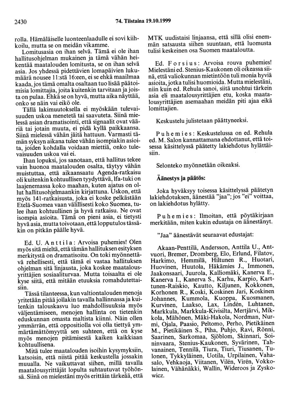2430 74. Tiistaina 19.10.1999 rolla. Hämäläiselle luonteenlaadulle ei sovi kiihkoilu, mutta se on meidän vikamme. Lomitusasia on ihan selvä.