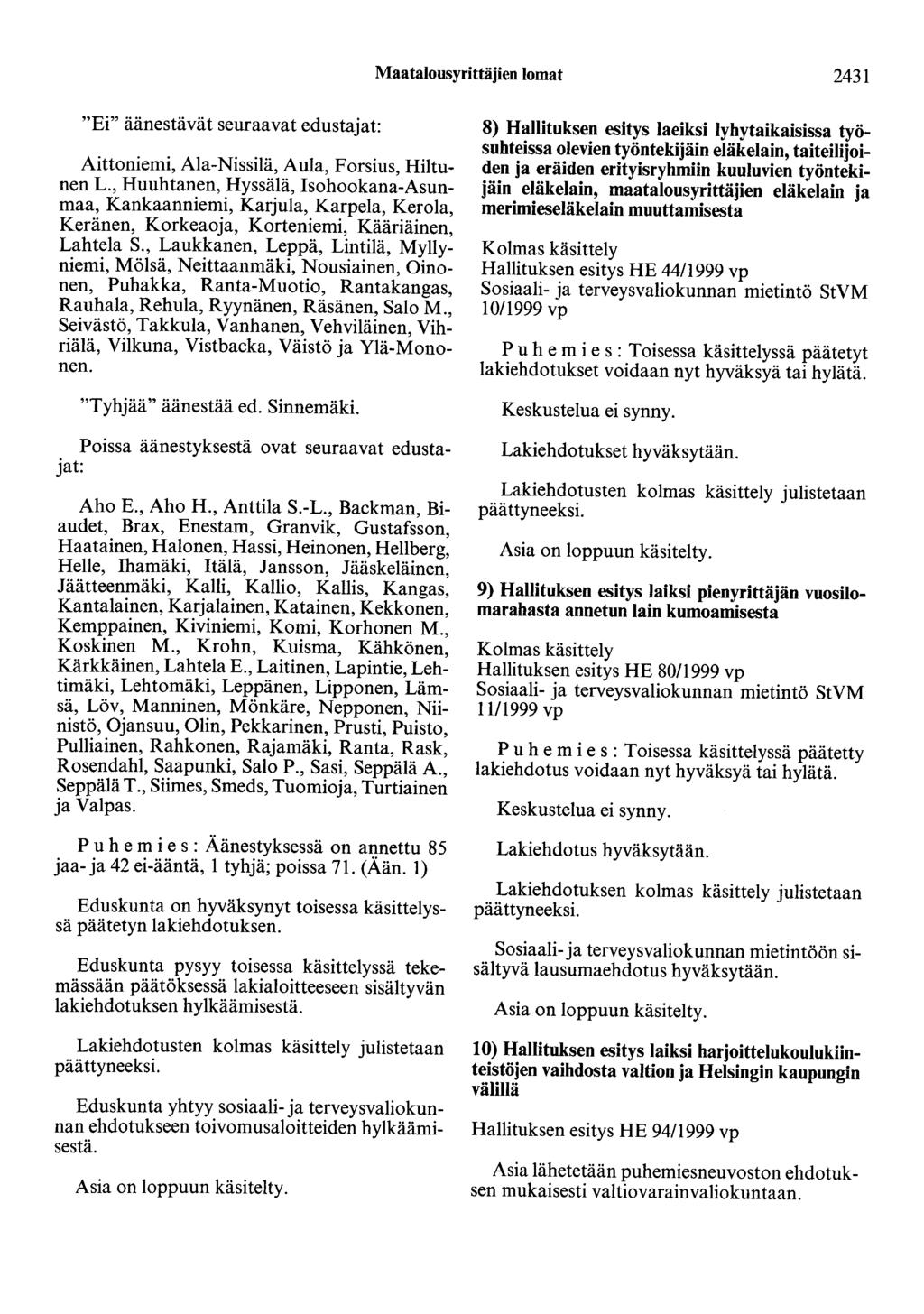 Maatalousyrittäjien lomat 2431 "Ei" äänestävät seuraavat edustajat: Aittoniemi, Ala-Nissilä, Aula, Forsius, Hiltunen L.