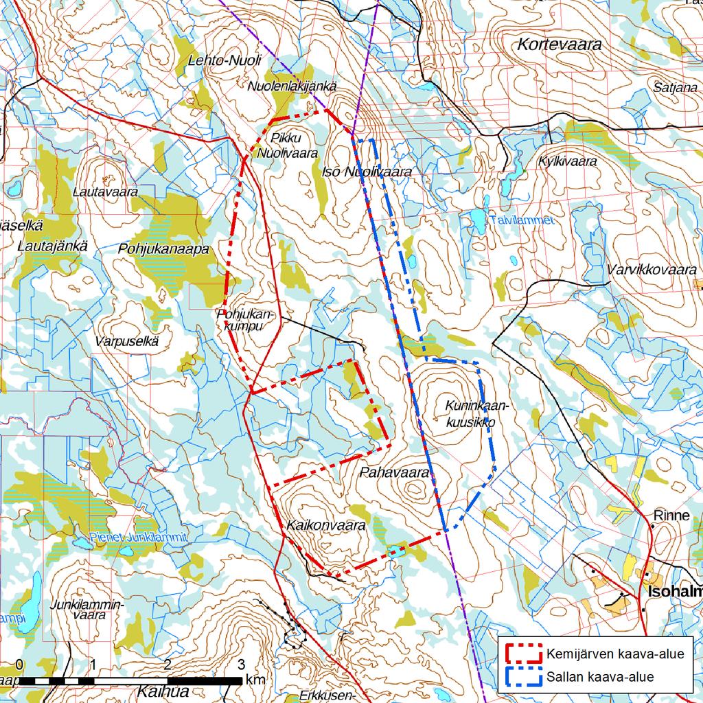 Osallistumis- ja arviointisuunnitelma 4/17 Kuva 1. Kaava-alueiden rajaus. Sallan kaava-alue on kuvassa sinisellä rajauksella. Tuulipuiston alue ulottuu myös Kemijärven kaupungin puolelle.