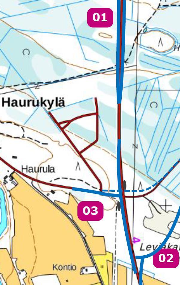 Mahdollisuus vaiheittaiseen toteutukseen 01 Haurukylän suoralle rinnakkaiset ohituskaistat, 2200 m, josta varsinainen ohituskaista 1700 m 02 uusi liittymä kohtisuoraan valtatiehen - etäisyys