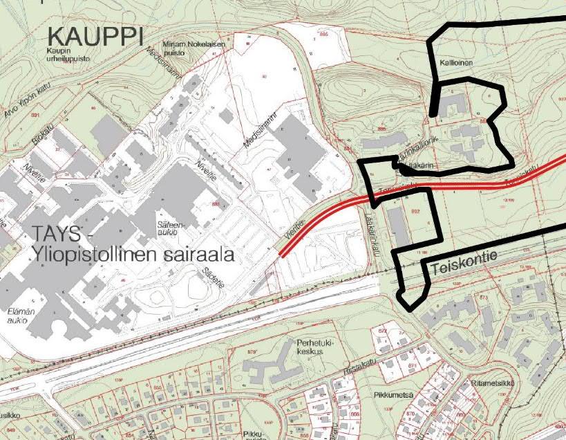 Hylätty ratkaisu: raitiotien ja bussien pääte- ja vaihtopysäkki Lääkärinkadun itäpuolella a) Bussien päätepysäkki Vieritiellä palvelee paremmin idästä Taysille suuntautuvaa työmatka- ja