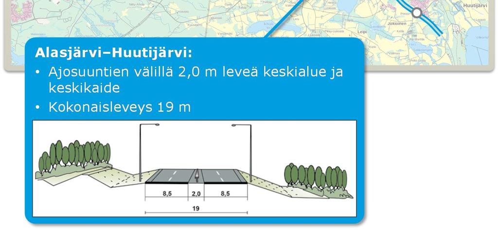Ainoa liittymämuutos on Lamminrahkan eritasoliittymän toteutus. Lisäksi toteutetaan paikoin meluntorjuntatoimenpiteitä. Vaihtoehdossa 1 koko valtatiejakso levennetään 2+2-kaistaiseksi (kuva 22).