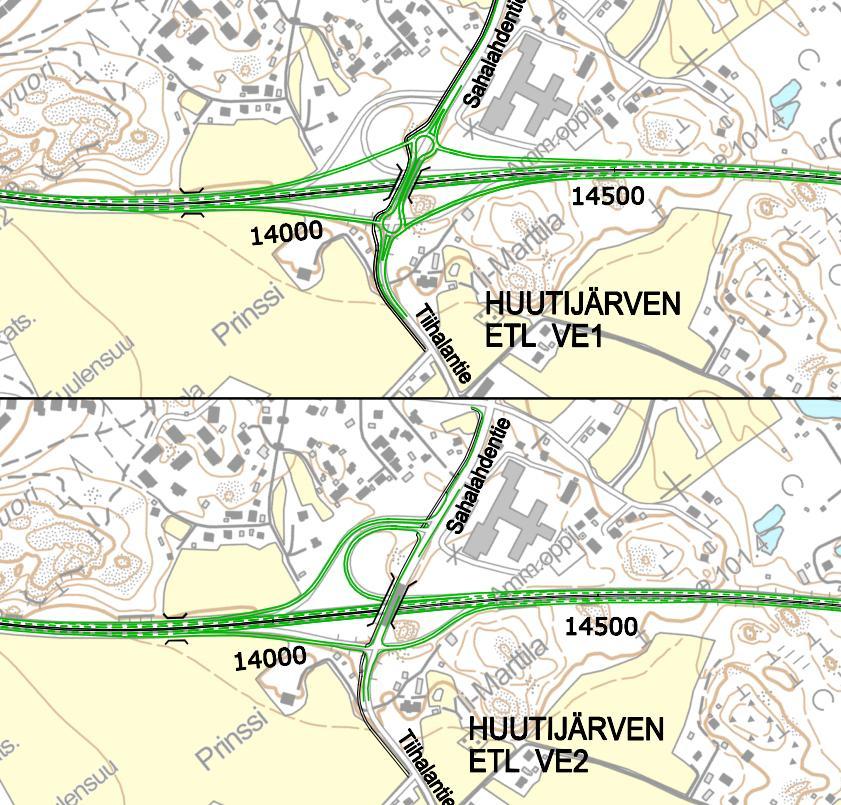 Hankearviointi 23 / 61 Kuva 31. Huutijärven eritasoliittymävaihtoehdot. Vaihtoehdot 1 ja 2 on käsitelty YVAssa, vaihtoehto 2B muodostettiin sen jälkeen.