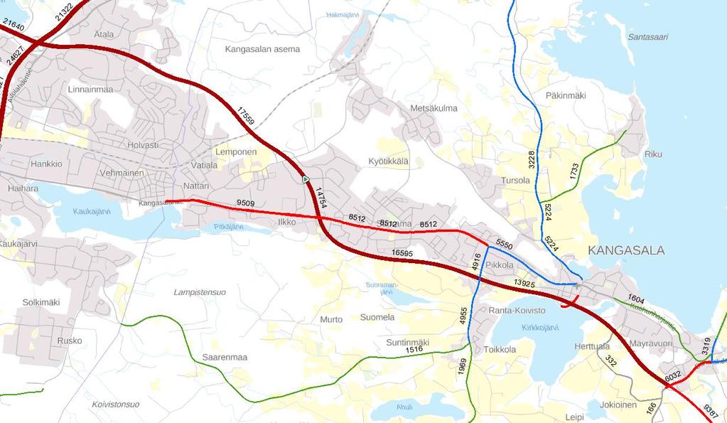 Hankearviointi 3 / 61 jakson länsipäässä Alasjärven eritasoliittymän länsipuolella KVL kohoaa noin 21 600 ajoneuvoon vuorokaudessa.