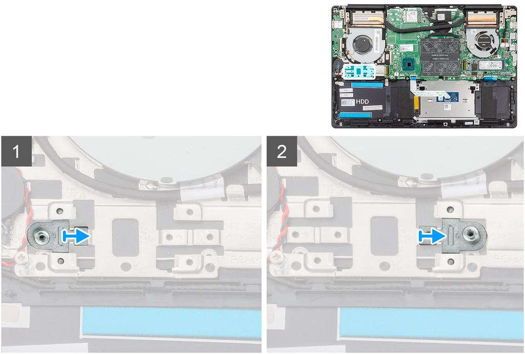 Kuvassa näytetään M.2 2230 -SSD-aseman sijainti ja havainnekuva sen asentamisesta. 1. Kohdista SSD-aseman kiinnike tarvittaessa niin, että M.2 2230 -asema mahtuu paikkaan. 2. Kohdista SSD-moduulin lovi SSD-asemapaikan kielekkeeseen.