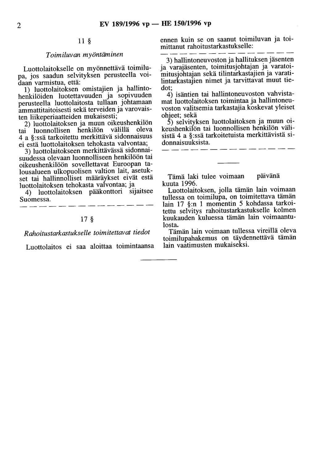 2 EV 189/1996 vp- HE 150/1996 vp 11 ennen kuin se on saanut toimiluvan a toimittanut rahoitustarkastukselle: Toimiluvan myöntäminen Luottolaitokselle on myönnettävä toimilupa, os saadun selvityksen