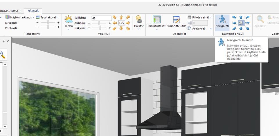 63 Navigointi Esittely Navigointi työkalua voidaan käyttää perspektiivi näkymän säätämiseen tai sitä voidaan käyttää esittelyn aikana 3D liikkumiseen suunnitelmassa.