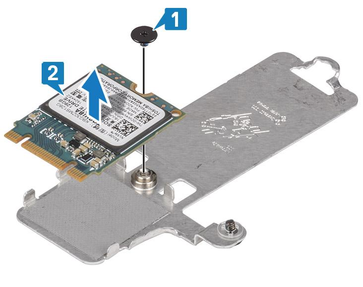 4 Käännä lämpölevy ympäri. 5 Irrota ruuvi (M2x2), jolla SSD-asema kiinnittyy lämpölevyyn [1]. 6 Nosta SSD-asema lämpölevyltä [2]. M.