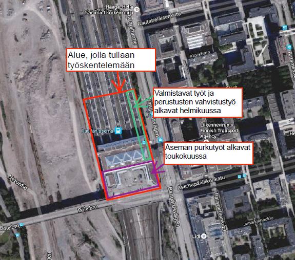 Helsingin kaupunki Pöytäkirja 2 (8) man perustuksia paalutetaan, olemassa olevia paaluja vahvistetaan ja nykyisen aseman seiniä puretaan.