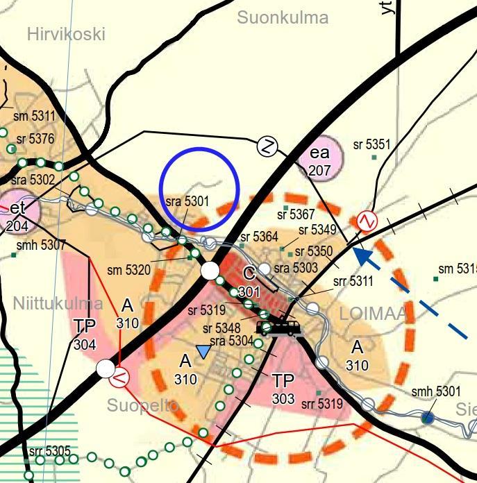 Kaavaselostus 12 Kuva 6. Ote maakuntakaavasta. Suunnittelualueen suurpiirteinen sijainti on osoitettu sinisellä ympyrällä.