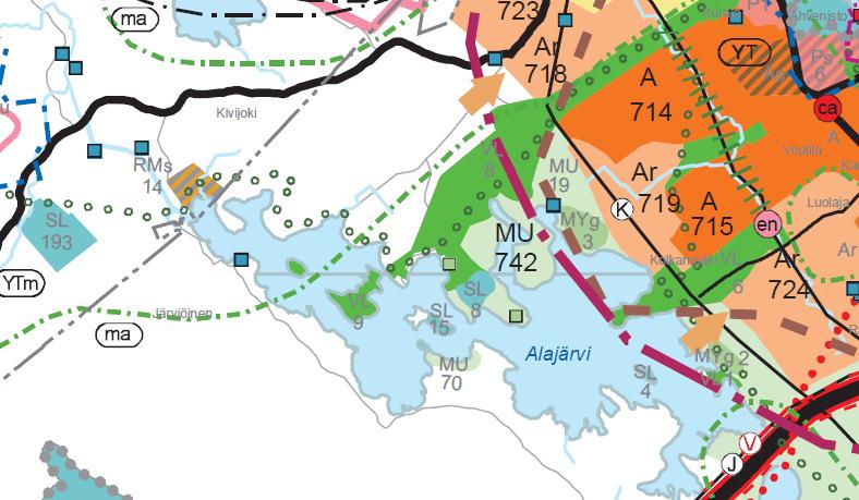 - SL 8 = Luonnonsuojelualue; Hirvo (maakunnallisesti arvokas). - Luonnonsuojelukohde, luontotyyppi - Wsv = Linnustonsuojelun ja virkistyskäytön vuoksi tärkeä vesialue; Alajärvi. Kanta-Hämeen 1.