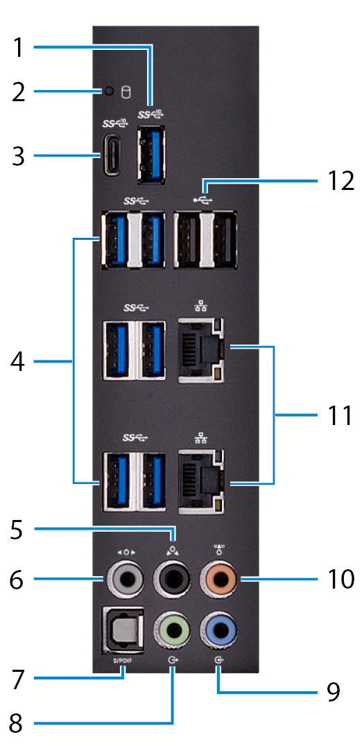 Takapaneeli 1 USB 3.1 Gen 2 -portti Sellaisten ohjeislaitteiden kuten tallennuslaitteet ja tulostimet kytkemiseen. Tiedonsiirtonopeus on enintään 10 Gbps.