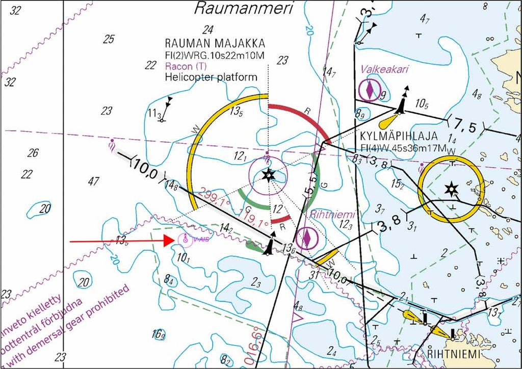 Finland. Bothnian Sea. NW of Lighthouse Rauma. Virtual AIS.