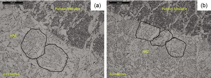 Kuva 10. Päällehitsatun S355JR teräksen mikrorakennetta kahdella lämmöntuonnilla, a) 1.6 kj/mm ja b) 0.8 kj/mm. ( Timo Kauppi 2018) 2.