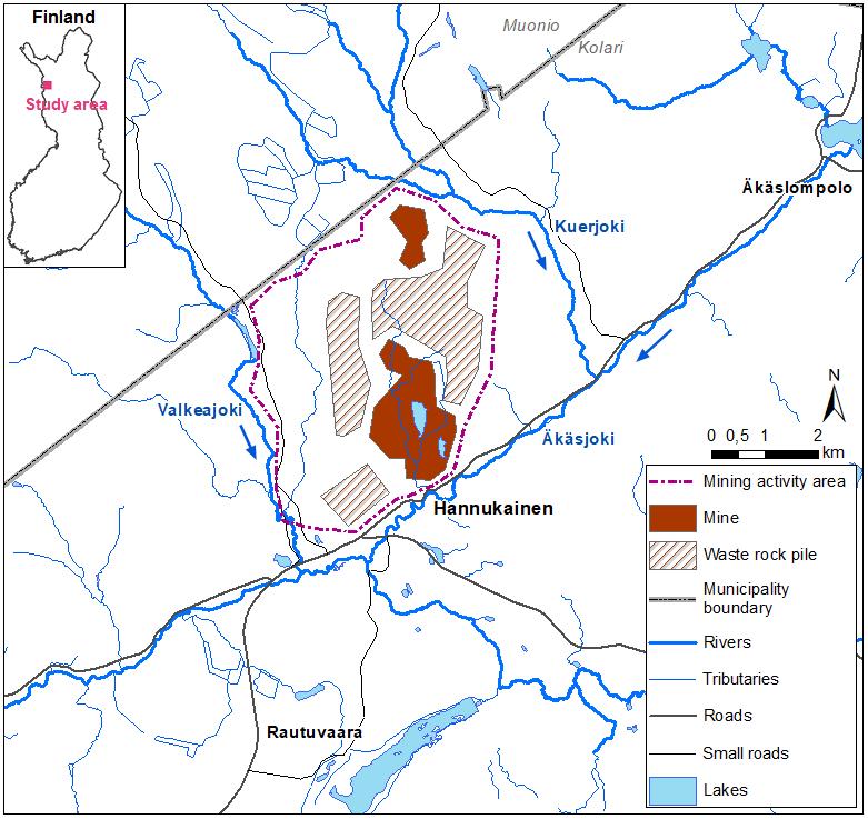 9 Figure 1. The Hannukainen study area and the planned mining activity area. Kuervitikko deposit is the smaller and Laurinoja deposit is the larger planned mine area.