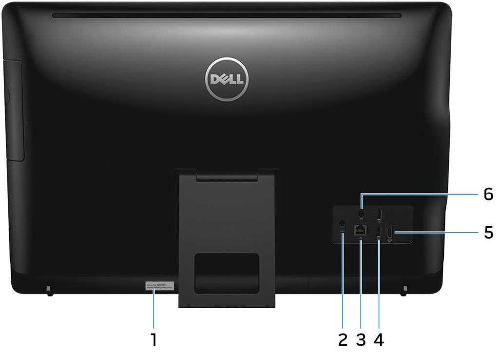 Takana Kuva 4. Näkymä takaa 1 Huoltomerkkitarra Huoltomerkki on ainutkertainen aakkosnumeerinen tunnus, jonka avulla Dellin huoltoteknikot tunnistavat tietokoneen laitteistokomponentit ja takuutiedot.