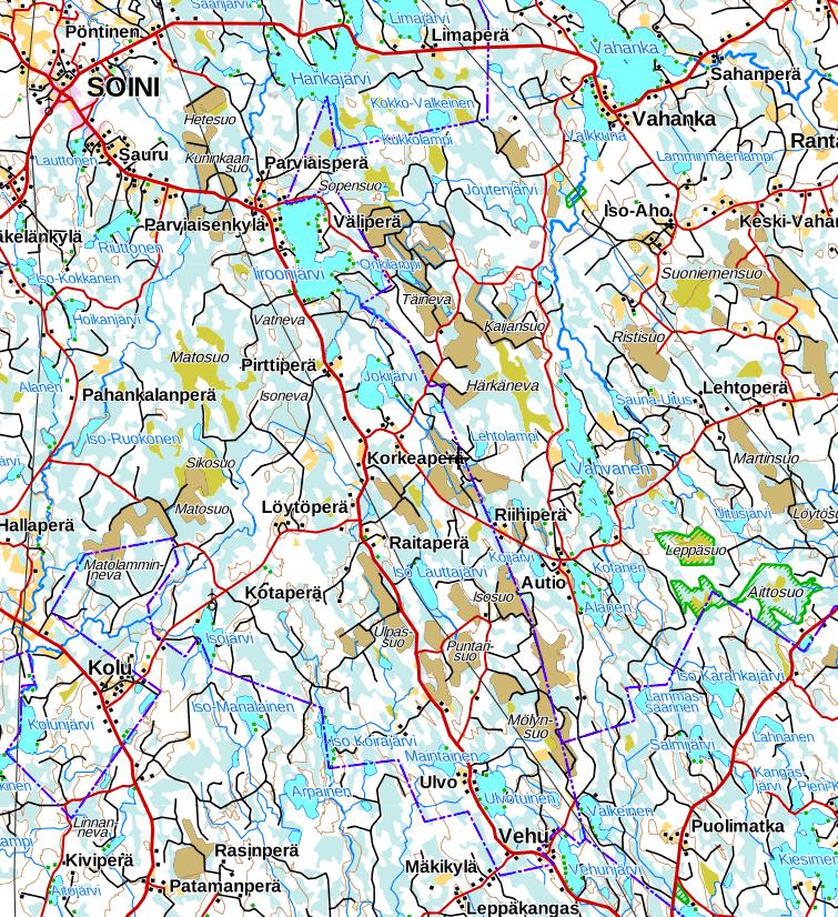 Turvetuotantoalueet Kolunjoen ja Niemisjoen valuma-alueella Nykyiset turvetuotantoalueet (merkitty ruskealla värillä) Soinin ja Vehun