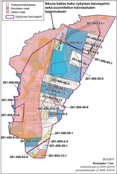 8 ASIANOSAISET JA KAAVOITUS Uuden NP4-altaan alle jäävien maa-alueiden maanomistus on esitetty kuvassa (Kuva 8-1). Kokonaispinta-alaltaan yhtiön omistama tila, Rimpisuo (261-406-68-2) on 78,3 ha.