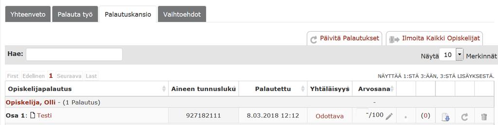 6 3. Palauta työ -välilehdellä opettaja voi itse viedä opiskelijoiden palauttamat tekstit tai tiedoston tarkistettavaksi. Seuraavassa käsitellään tiedoston palautusta.