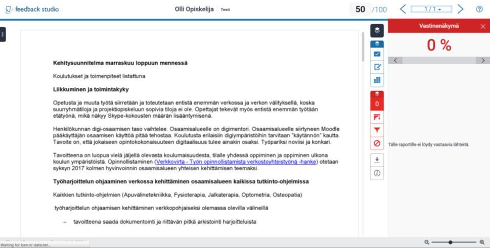 8 1.3 Turnitin feedback studio Kun napsauttaa tiedoston nimeä, siirrytään Turnitin feedback studioon.