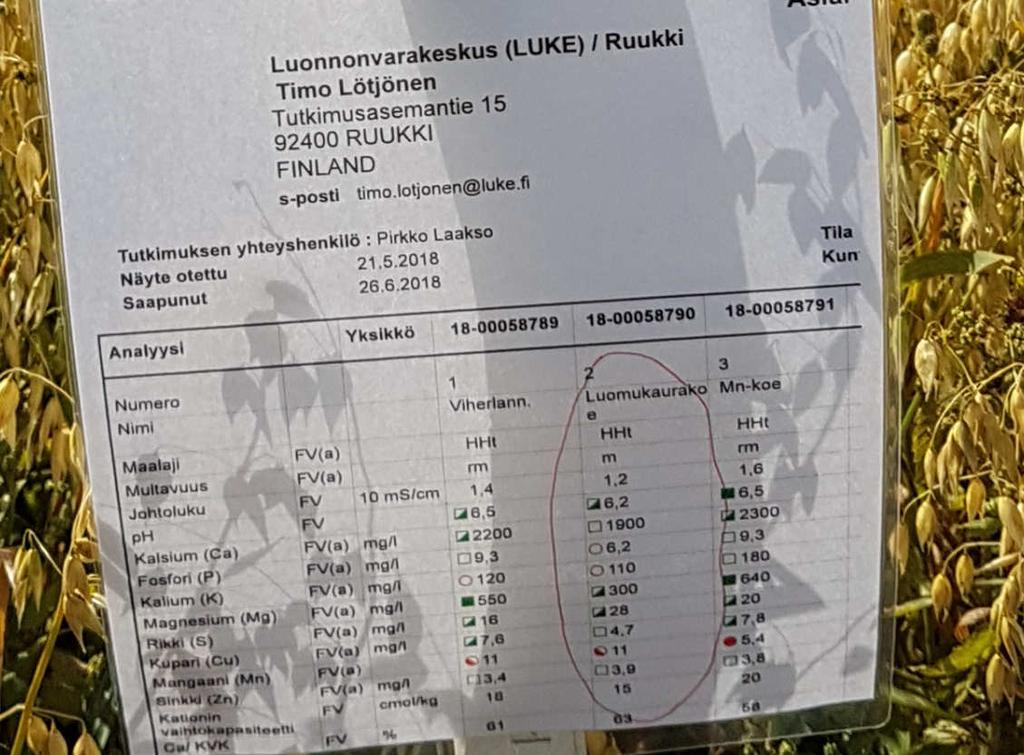 Kuva 4 Kuvaus sisältää myös pellon viljavuusarvot. Tähän muistioon liittyy Timo Lötjösen tekemä selostus Maasta markkinoille hankkeen demokoetoiminnasta.