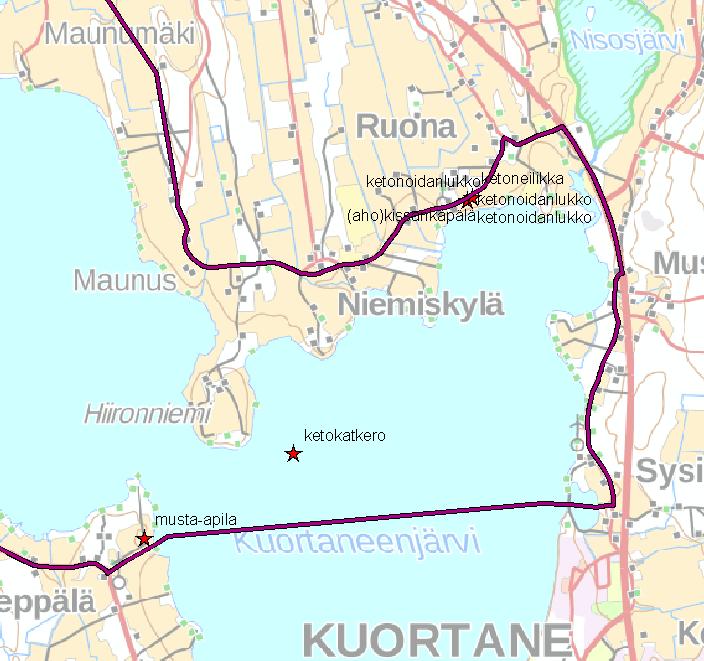 14 Kuva 7. Eliölajit -rekisterissä olevat uhanalaiset kasvilajit suunnittelualueella. Ketokatkeron havainnossa on rekisterissä koordinaattivirhe ei esiinny järvellä. 4.6 