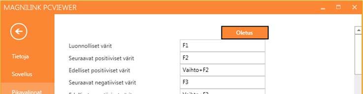 5.4.3 Short cut commands (Pikavalintakomennot) Sovelluksen pikavalintakomentoja voidaan muuttaa tässä valikossa.
