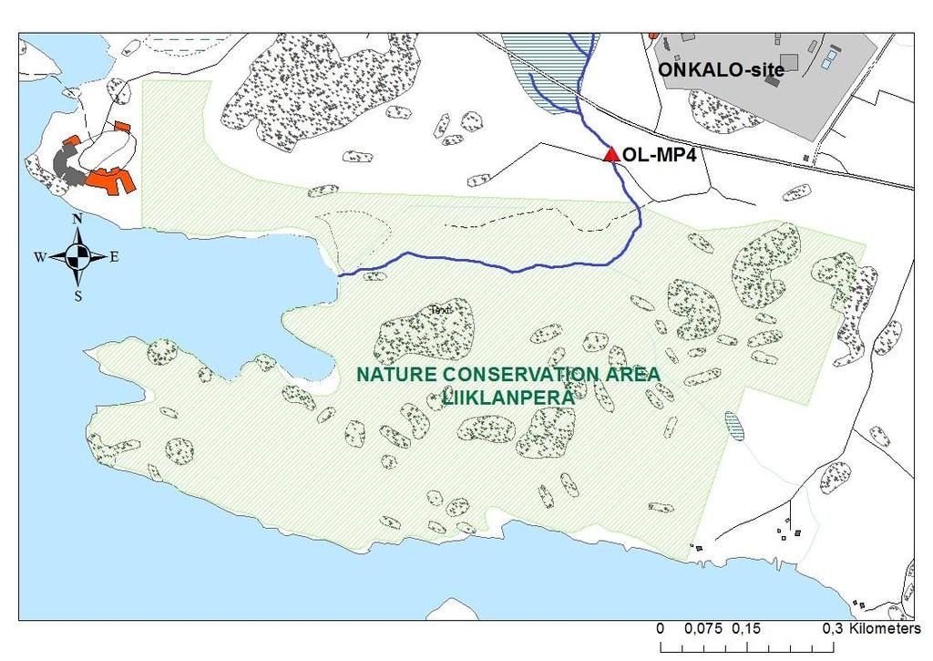 54 Figure 4-21. Liiklanperä nature conservation area (light green area). Ditch running trough Liiklanperä marked with blue and measuring weir located in ditch with red triangle.