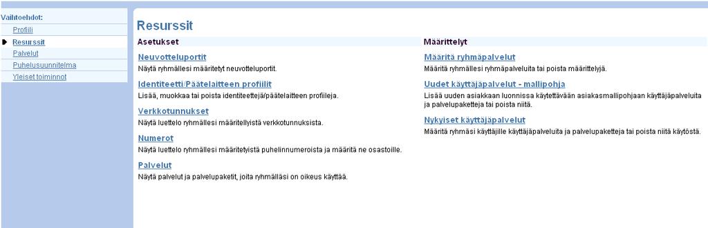 2 Resurssit valikko 2.1 Resurssit Neuvotteluportit Näet kuinka monta porttia ryhmällä on käytössä neuvottelupuheluita varten ja kuinka monta niistä on jo kohdennettuina tiettyihin neuvottelusiltoihin.